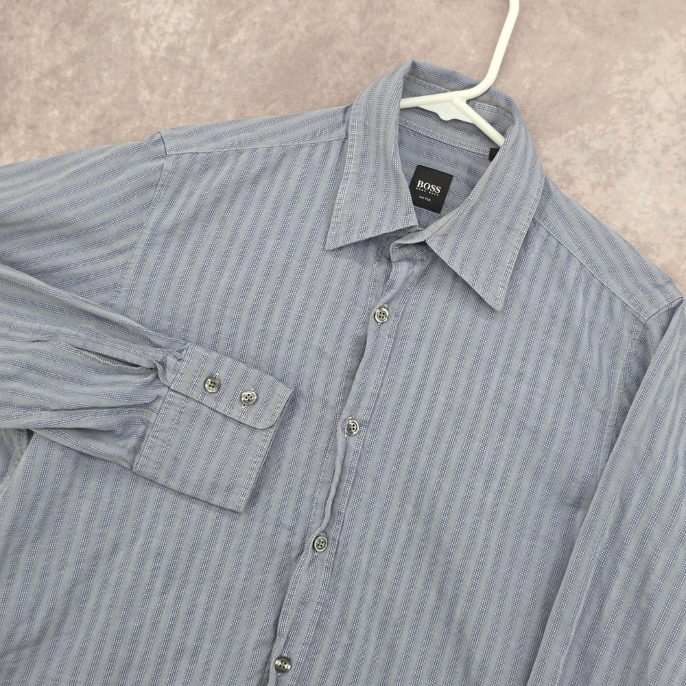 Hugo Boss Fitted Mens Blue White Striped Long Sleeve Button Down Shirt Size M